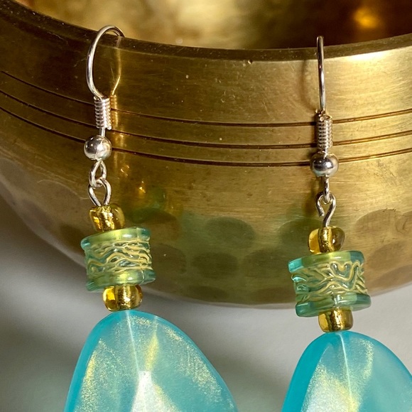 Handmade Earrings - Blue and Gold Beaded Dangle - Picture 5 of 7